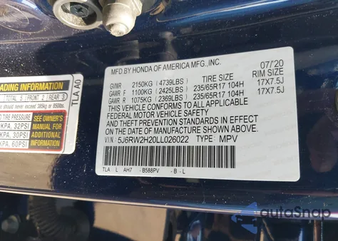 2020 Honda Cr-V Awd Lx z USA, uszkodzony, nr VIN 5J6RW2H20LL026022